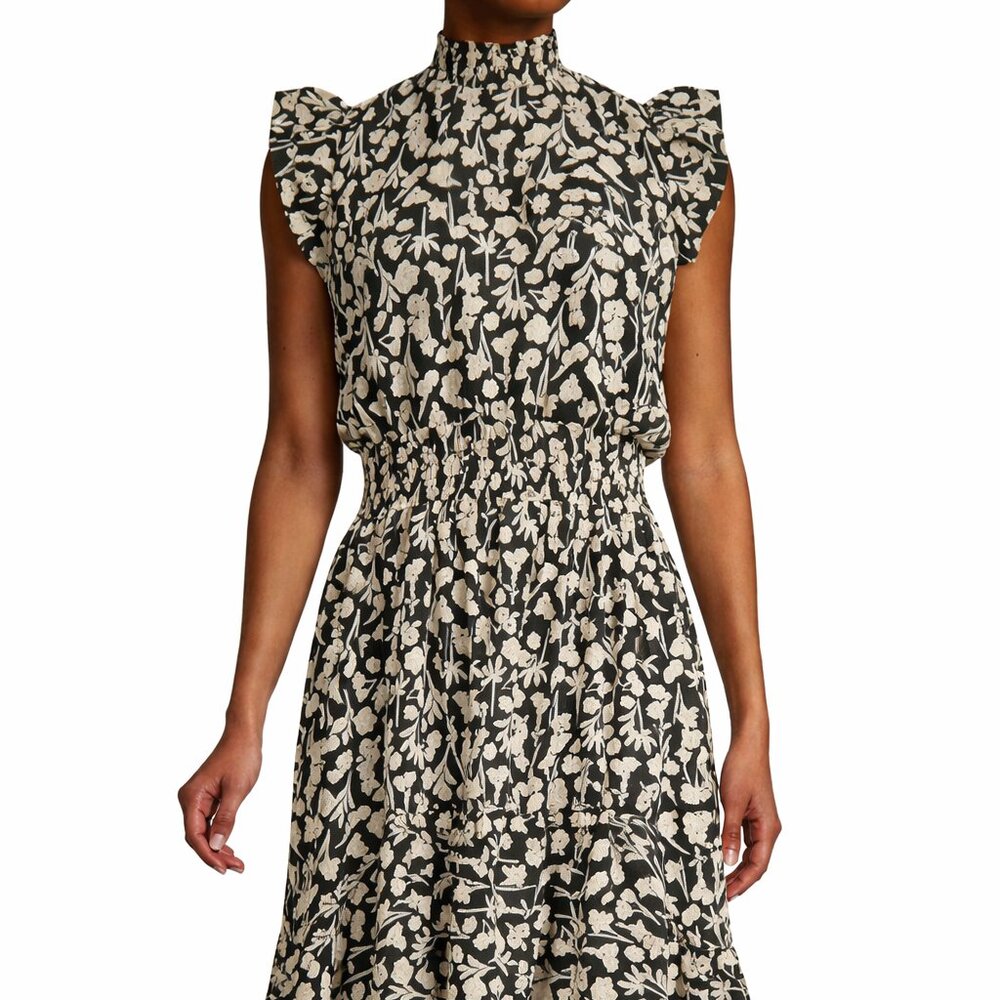 Saks Black and Cream Floral High-Low Ruffle Fit & Flare Knee Length Dress Medium